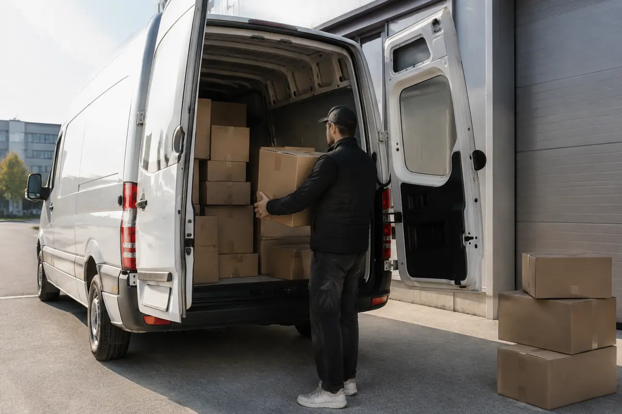 Beladung eines Transporters für eine Kurierfahrt
